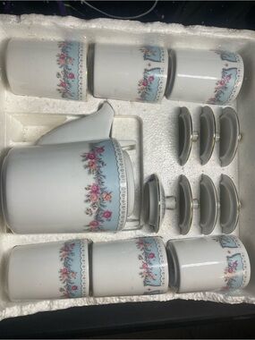 Floral Porcelain Tea/Coffee Set with Blue Trim